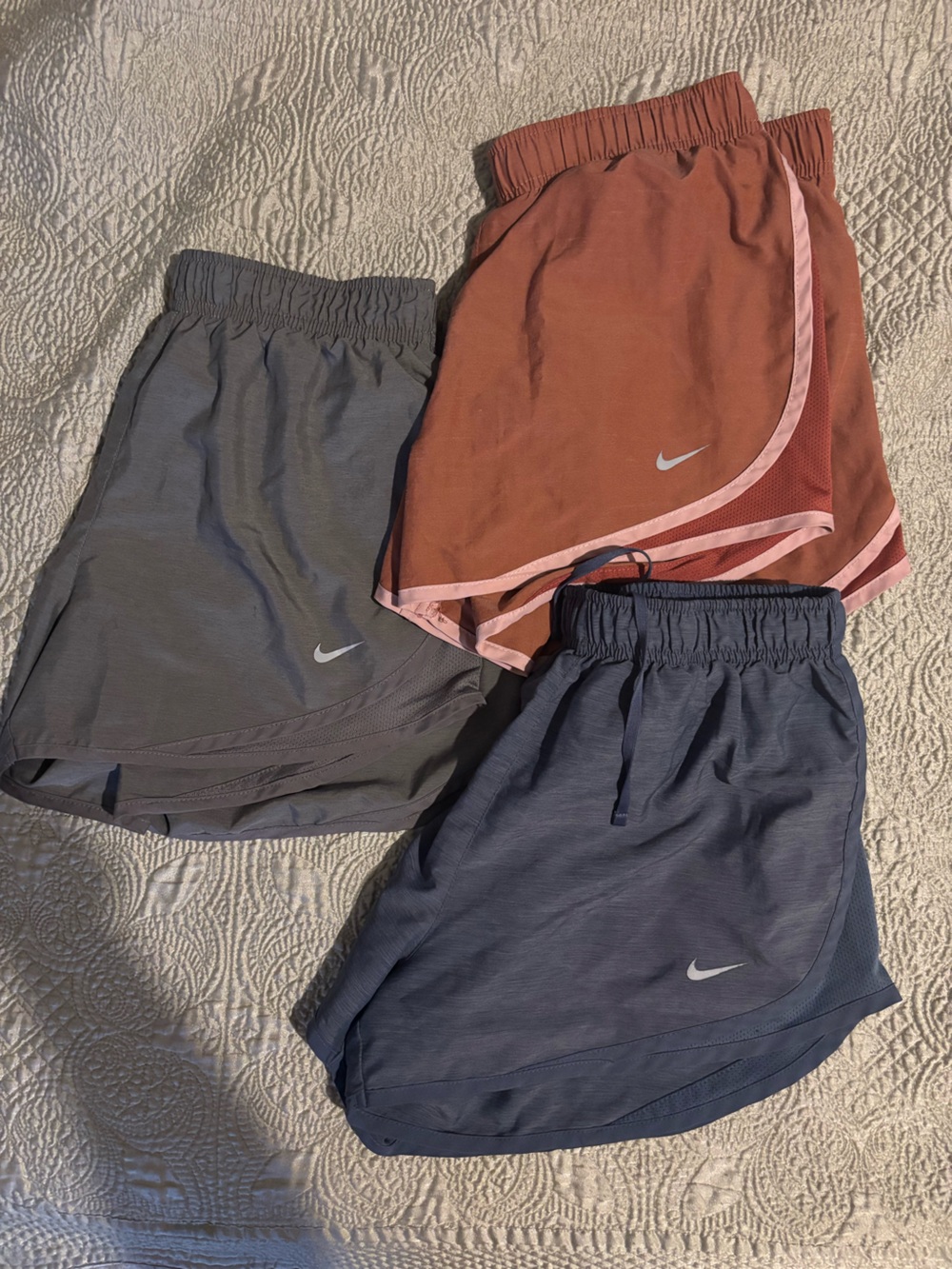 Nike Athletic Shorts Trio — Rust, Charcoal, Navy